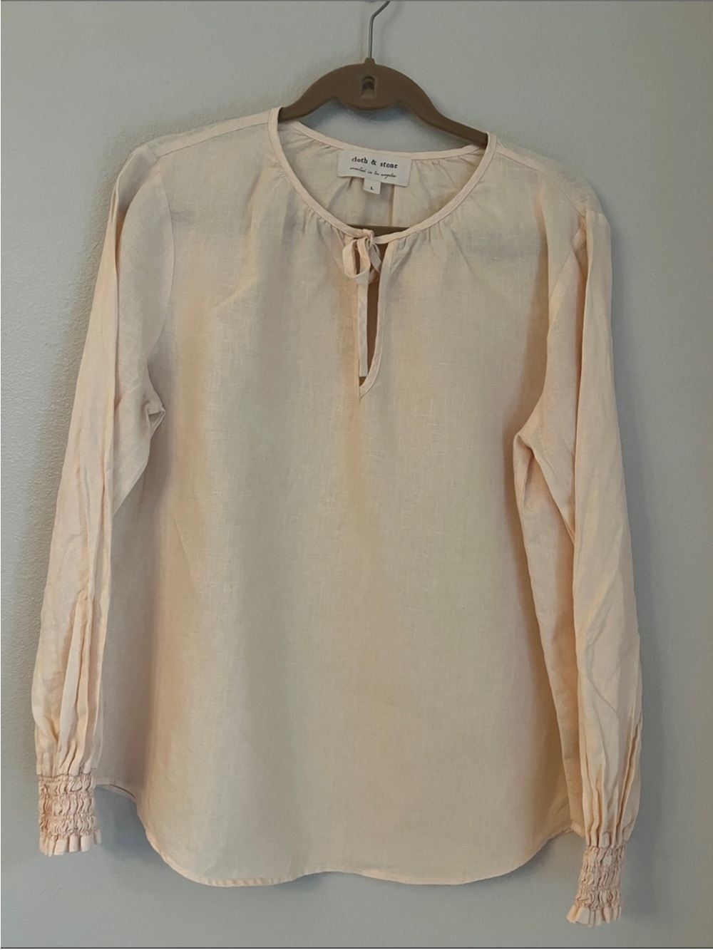 NWOT Anthropologie 100% Linen Pale Blush Drawstring V-Neck Blouse - Picture 6 of 9